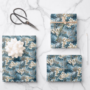 Elegant boho dusty blue and ivory winter flowers  wrapping paper sheet