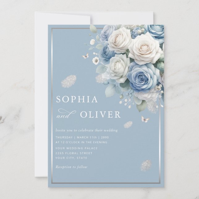 Elegant Boho Dusty Blue Floral Elegant Wedding  Invitation (Front)