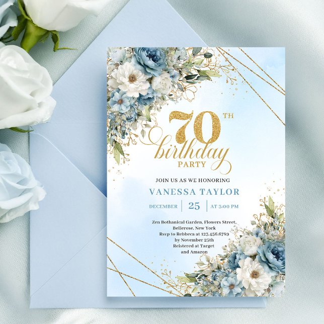 Elegant boho dusty blue florals gold frame 70th  invitation (Elegant boho dusty blue florals gold frame 70th birthday

)