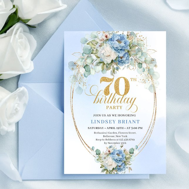 Elegant Boho Dusty Blue Peonies 70th Birthday  Invitation (Elegant Boho Dusty Blue Peonies 70th Birthday Invitation)