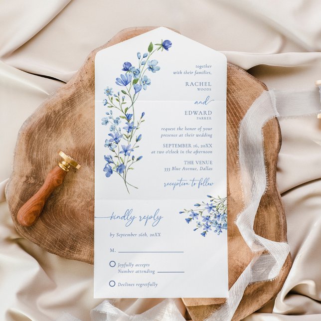 Elegant Boho Dusty Blue Wildflower Wedding All In One Invitation (Creator Uploaded)