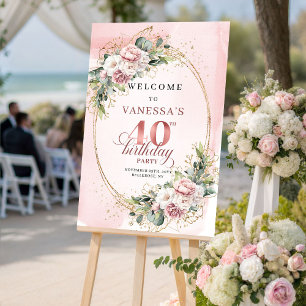 Elegant Boho Dusty Pink Greenery 40th Birthday Poster