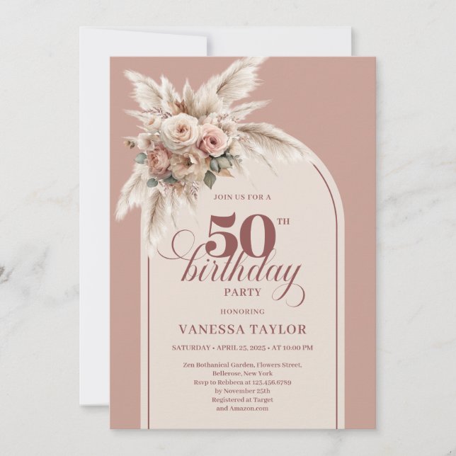 Elegant Boho Dusty Pink Pampas Floral 50 Birthday Invitation (Front)