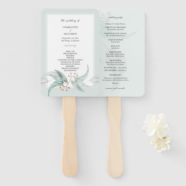 Elegant Boho Eucalyptus Flowers Watercolor Art Hand Fan (Front and Back)