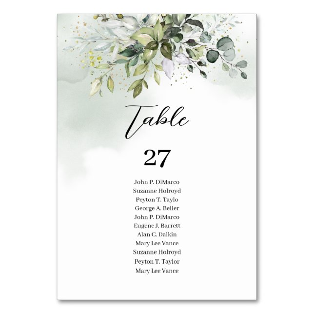 Elegant Boho Eucalyptus greenery branches gold Table Number (Front)