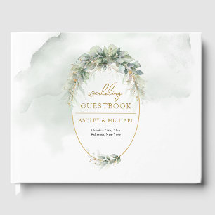 Elegant boho eucalyptus greenery gold frame guest book