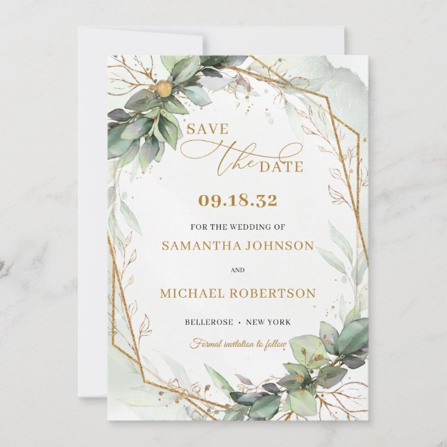 Elegant boho eucalyptus greenery gold frame save the date (Front)