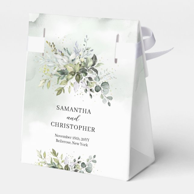 Elegant boho eucalyptus greenery gold wedding favour box (Back Side)