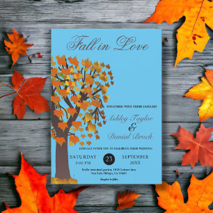Elegant Boho Fall in Love Tree Blue Autumn Wedding Invitation
