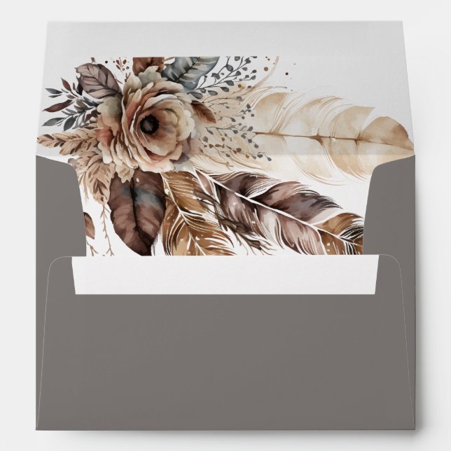 Elegant Boho Feather Floral Watercolor Wedding Envelope (Back (Bottom))