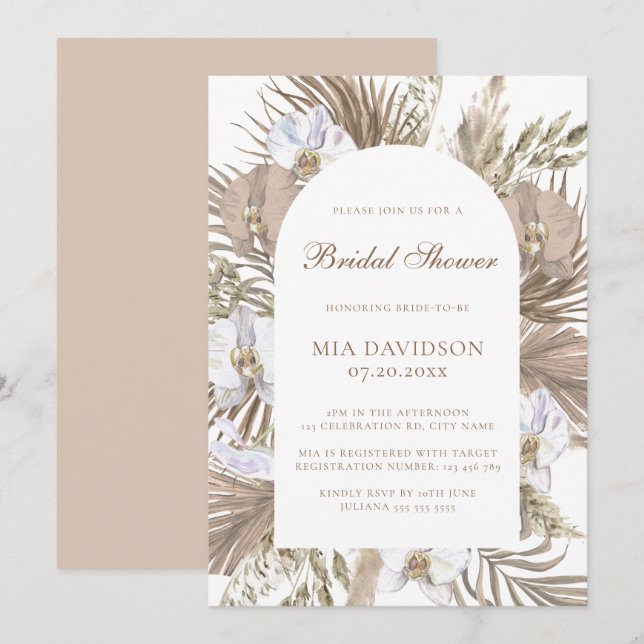 Elegant Boho Floral Arch Pink & Tan Bridal Shower Invitation (Front/Back)
