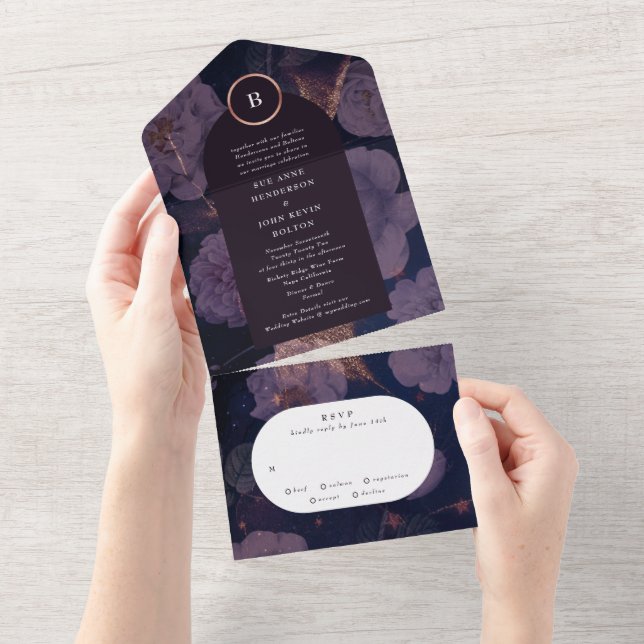 Elegant Boho Floral Arch Rose Gold Purple Wedding All In One Invitation (Tearaway)