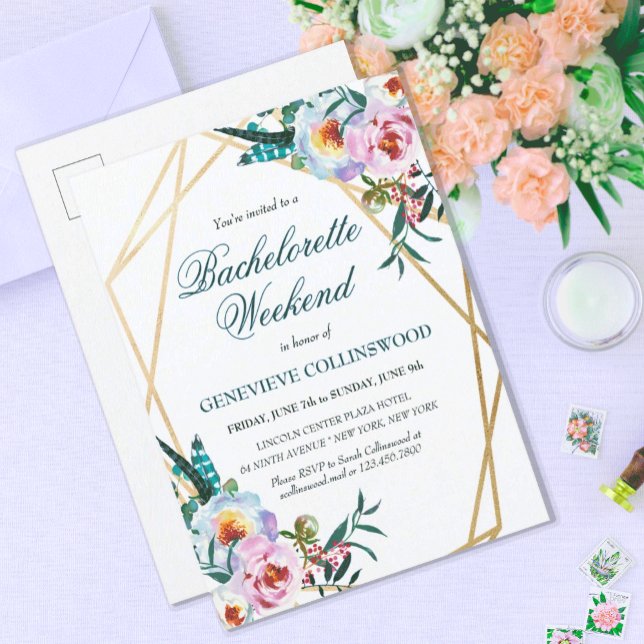 Elegant Boho Floral Bachelorette Weekend Itinerary Invitation Postcard (PRETTY BLUE BOHO FLORAL BACHELORETTE WEEKEND INVITATION POSTCARD WITH ITINERARY)