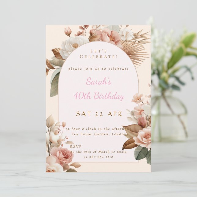 Elegant Boho Floral Birthday Invite (Standing Front)
