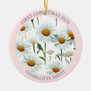 Elegant Boho Floral Blush Pink First Christmas Ceramic Tree Decoration