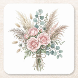 Elegant Boho Floral Bouquet Blush Pink pillow Square Paper Coaster