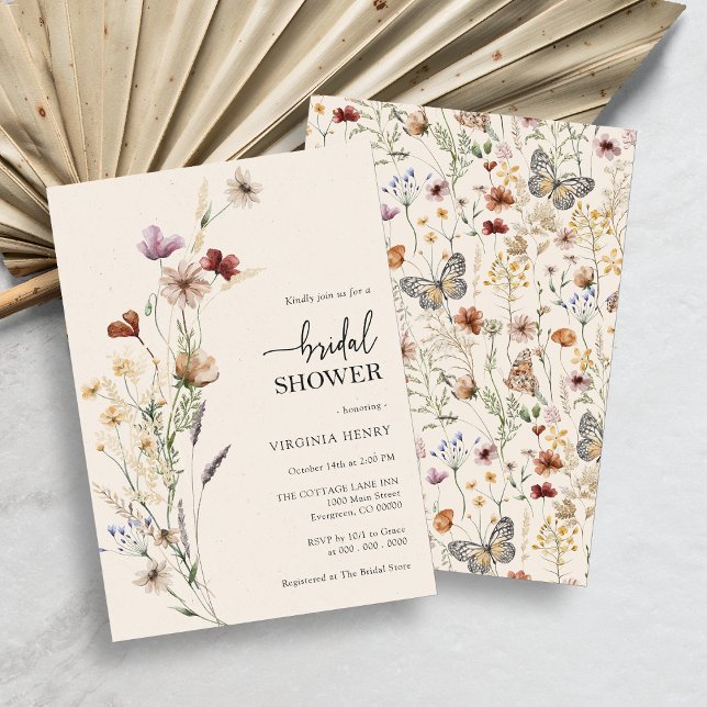 Elegant Boho Floral Bridal Shower Invitation (Rustic Boho Wildflower Bridal Shower Invitation with Butterflies by Painted Paperie)