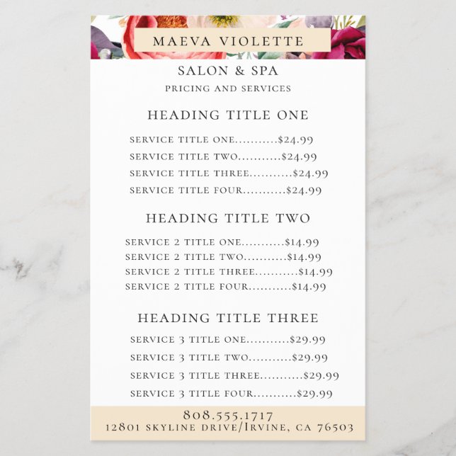 Elegant Boho Floral Business Service/Pricing Flyer (Front)