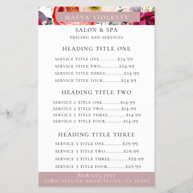 Elegant Boho Floral Business Service/Pricing Flyer (Front)