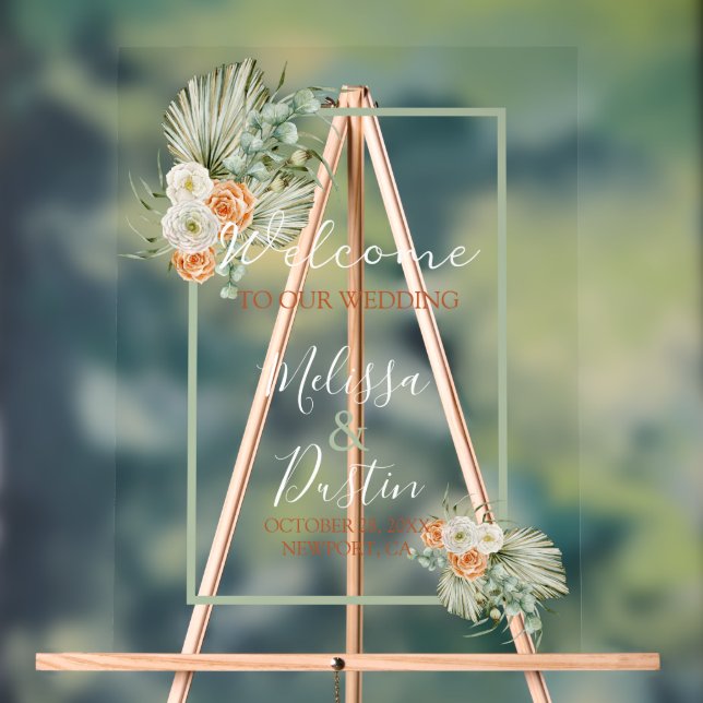 Elegant  Boho Floral Fall Beach Wedding Welcome  Acrylic Sign (Neutral)