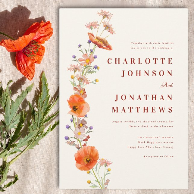 Elegant Boho Floral Fall Wedding Invitation (Wildflower boho chic wedding invitation )