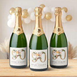 Elegant Boho Floral Gold Foil 90th Birthday Sparkling Wine Label