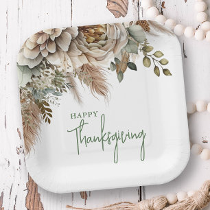 Elegant Boho Floral Happy Thanksgiving Paper Plate