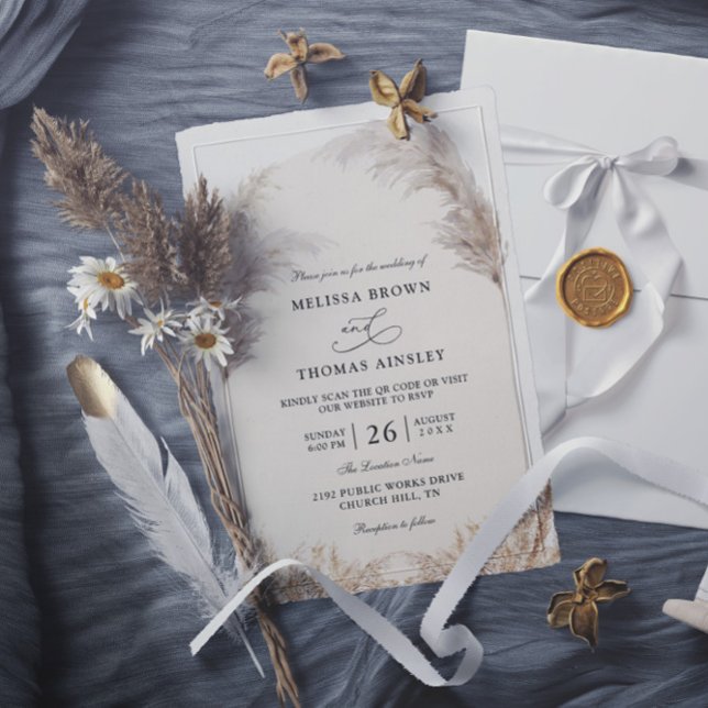 Elegant Boho Floral Pampas Budget QR Code Wedding Invitation (Creator Uploaded)