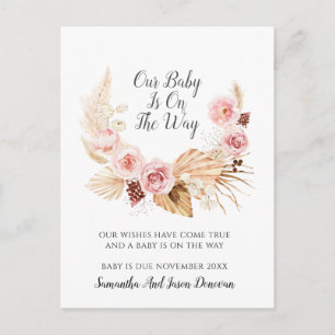 Elegant Boho Floral Pampas Grass Pregnancy Announcement Postcard