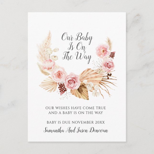 Elegant Boho Floral Pampas Grass Pregnancy Announcement Postcard (Front)