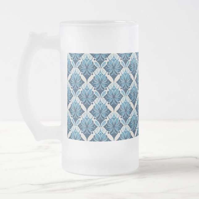 Elegant Boho Floral Pattern in Blue Frosted Glass Beer Mug (Left)