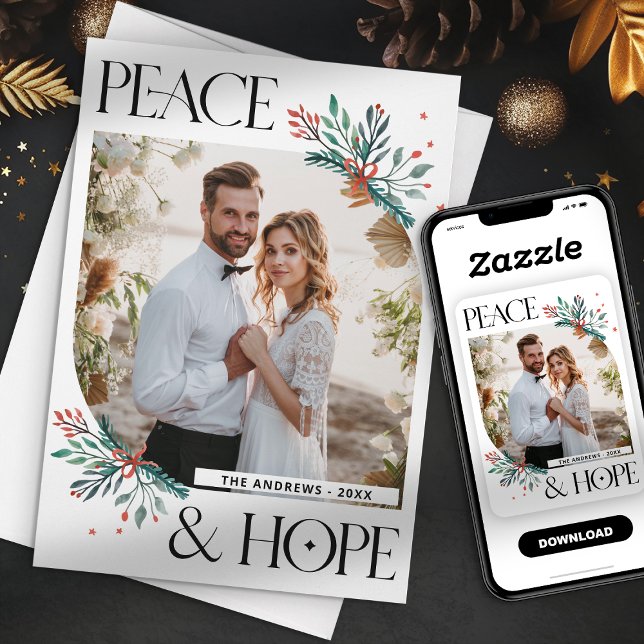 Elegant Boho Floral Peace & Hope Christmas Holiday Card (Creator Uploaded)