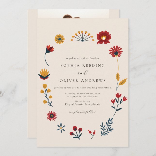 Elegant Boho Floral QR Code Photo Wedding Invitation (Front/Back)