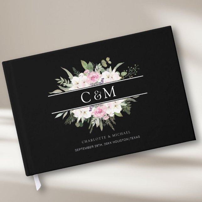 Elegant Boho Floral Silver Guest Book (Customer-specific, Monogram, Wedding Foil Guest Book, available in rose-gold, gold and silver foil. )