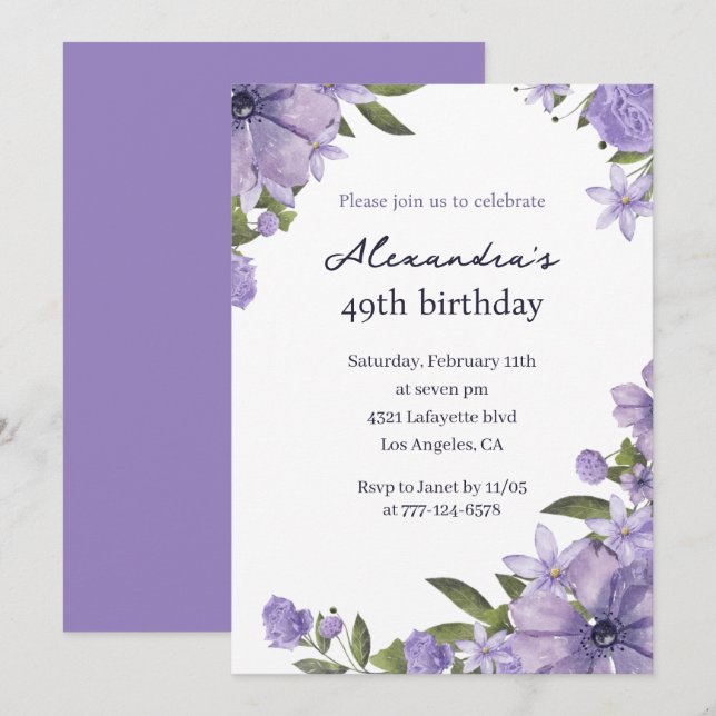 Elegant Boho Floral Watercolor 49th birthday Invitation (Front/Back)
