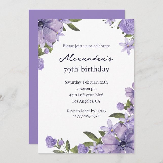 Elegant Boho Floral Watercolor 79th birthday Invitation (Front/Back)