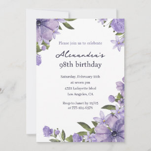Elegant Boho Floral Watercolor 98th birthday Invitation