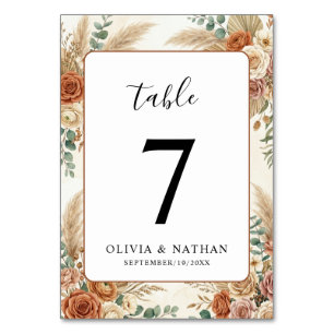 Elegant Boho Floral Wedding Table Number Card
