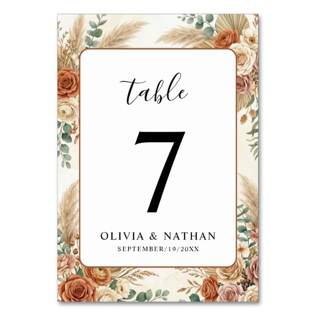 Elegant Boho Floral Wedding Table Number Card (Front)