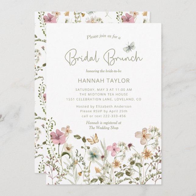 Elegant Boho Floral Wildflower Bridal Brunch Invitation (Front/Back)
