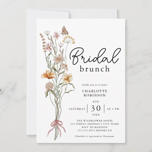 Elegant Boho Floral Wildflower Bridal Brunch Invitation (Front)