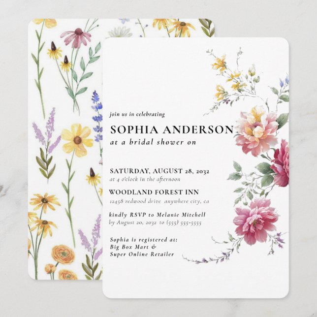 Elegant Boho Floral Wildflower Bridal Shower Invitation (Front/Back)