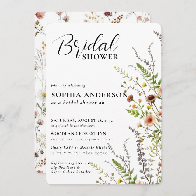 Elegant Boho Floral Wildflower Bridal Shower Invitation (Front/Back)