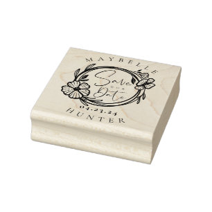 Elegant Boho Floral Wreath Save The Date Rubber Stamp