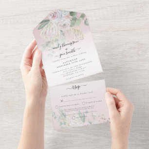 Elegant Boho Florals Eucalyptus Dusty Rose Wedding All In One Invitation
