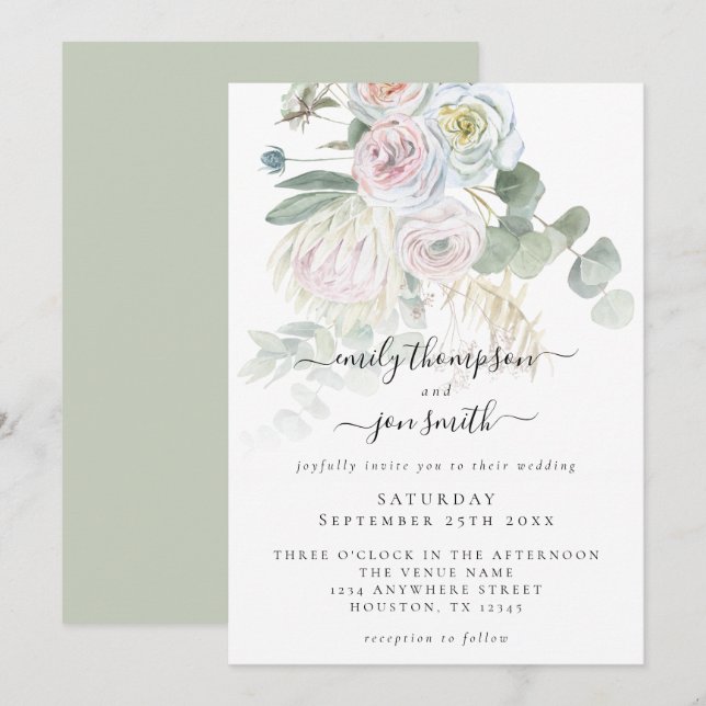Elegant Boho Florals Eucalyptus Pastel Wedding Invitation (Front/Back)