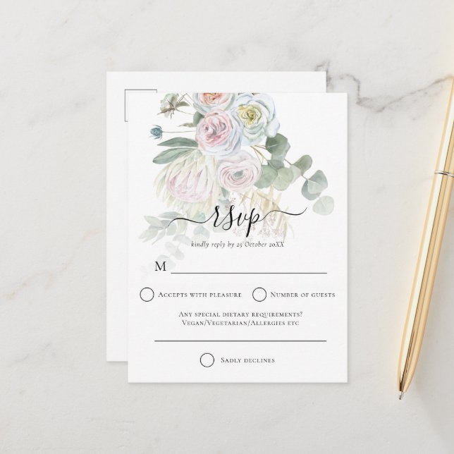 Elegant Boho Florals Eucalyptus Wedding RSVP Postcard (Front/Back In Situ)