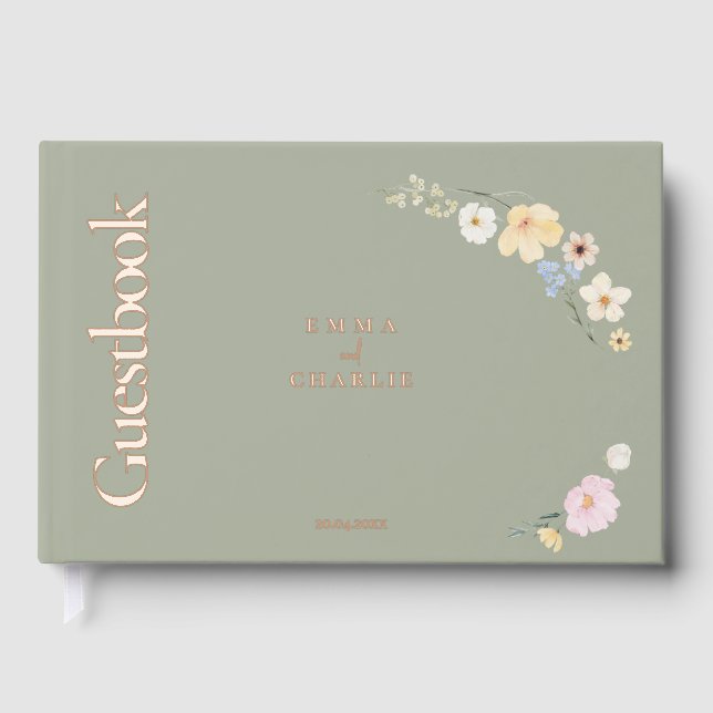 Elegant boho flowers Sage Wedding  Guest Book (Front)