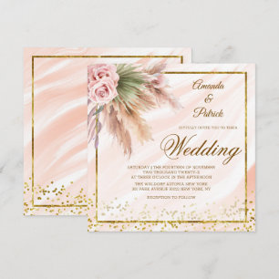 Elegant Boho Framed Gold Foil Pampas Grass Wedding Invitation
