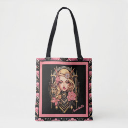 Elegant Boho Girl Black and Pink Tote Bag